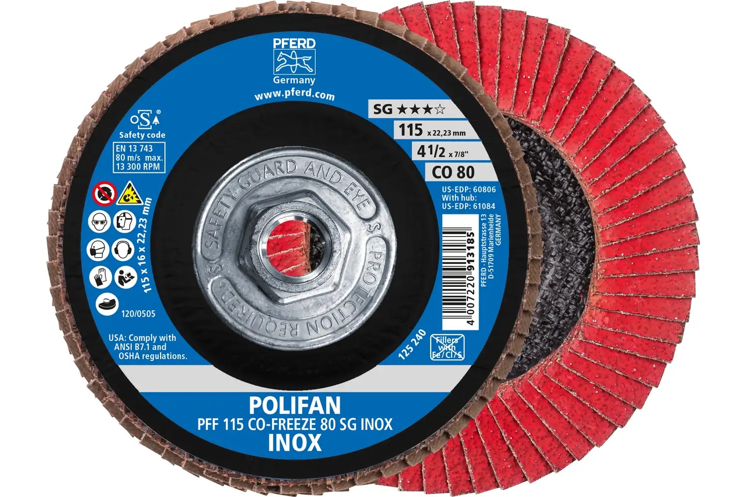 Picture of Pferd Flap Disc, 4-1/2" x 5/8-11, CO-Freeze SG Inox, 80 Grit, T27, Flat, Ceramic